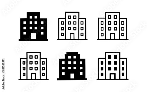 Minimalist building icons in linear and solid styles for urban design concepts