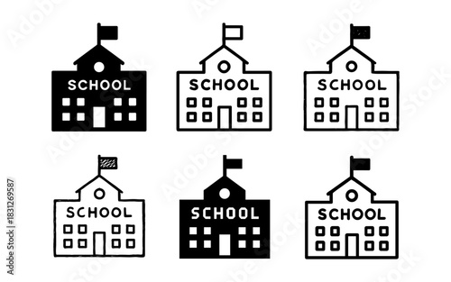 Monochrome school building icons with flags in various styles