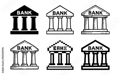 Diverse bank building designs in various icon styles