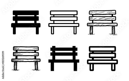 Set of bench designs in various styles: silhouette, sketch, and outline