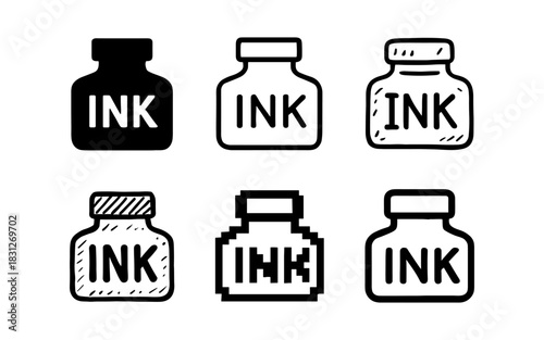 Diverse ink bottle designs: hand drawn, pixel art, and minimalist styles