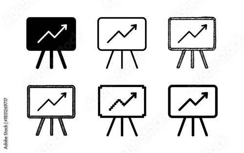 Minimalist chart icons with arrow trend in black and white style
