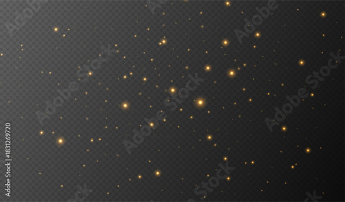 Golden sparkling stars, shiny particles light effect, transparent flying stardust texture, abstract twinkle Christmas decoration. Vector illustration.