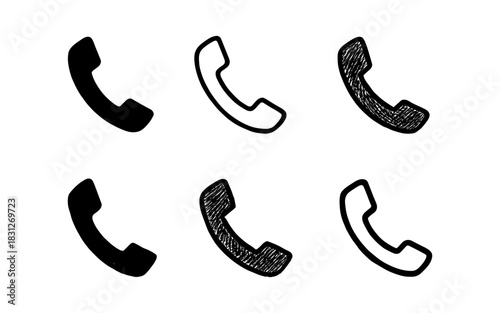 Hand drawn phone icon set with various sketch styles on white background
