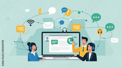 Business Team Communicating Virtually Using Headsets in a Modern Office Environment
