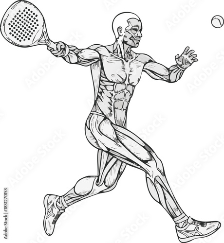 Anatomical illustration of a male padel player showing muscle structure while hitting a ball.