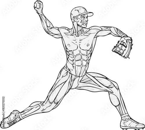 Anatomical illustration of a baseball pitcher throwing a ball, showcasing the engaged muscle groups in a line art style.