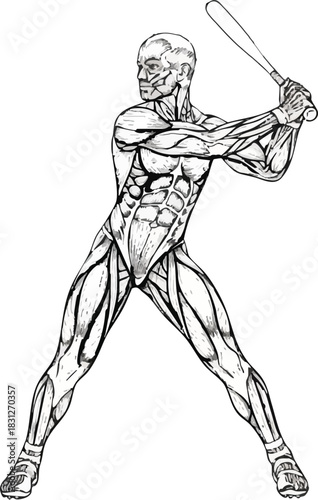 An anatomical illustration of a male baseball player swinging a bat, showing the écorché muscular system.