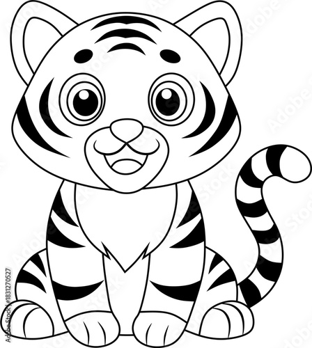 Cute cartoon tiger cub with bold outlines, created as a fun and simple coloring page for kids.