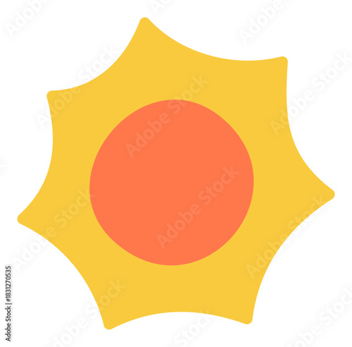 Bright yellow sun sticker flat icon for weather or summer day symbol and heat