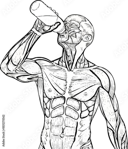 Anatomical illustration of a muscular male figure with exposed musculature, drinking from a bottle.