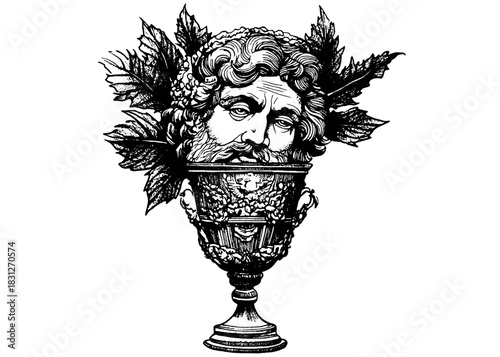 Vintage Engraved Mythical Head in Ornate Wine Goblet Vector, Classical Dionysian Art, Antique Etching Illustration