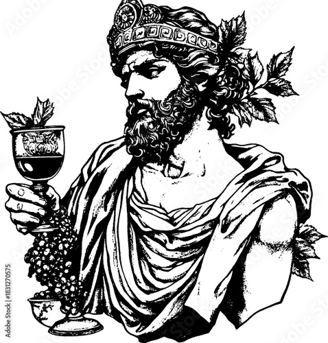 Vintage Engraved Dionysus God Holding Wine Goblet Vector, Classical Mythology Illustration, Winery Label Art