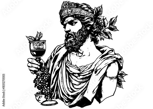 Vintage Engraved Dionysus God Holding Wine Goblet Vector, Classical Mythology Illustration, Winery Label Art