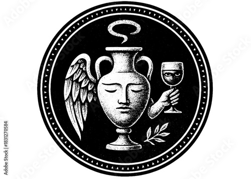 Mystic Winged Amphora Wine Emblem Vector, Vintage Engraved Symbol with Face and Goblet, Winery Logo Design