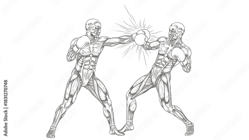 Fototapeta premium Anatomical illustration of two muscular écorché figures boxing, with one athlete landing a powerful punch on the other.