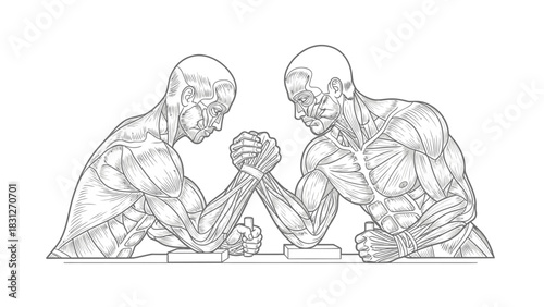 An anatomical illustration of two muscular figures with exposed musculature engaged in an arm wrestling competition.