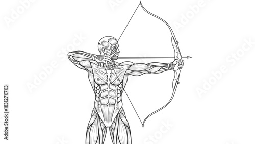 Anatomical illustration of the human muscular system, showing a male écorché figure aiming a bow and arrow.