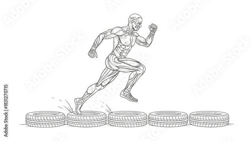 An anatomical illustration of a muscular athlete performing agility drills by running over tires.