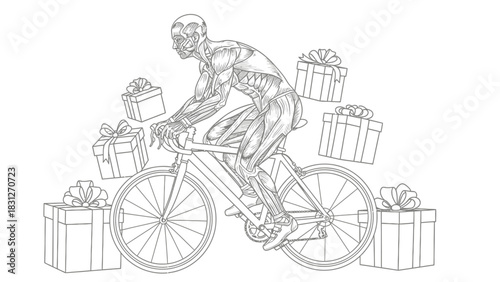Anatomical illustration of a muscular cyclist riding a bicycle surrounded by wrapped gift boxes.