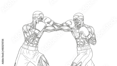 Anatomical line drawing of two muscular boxers fighting, showing detailed human musculature in action.