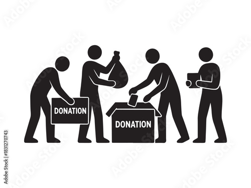 Donation drive icon illustration showing people donating items for charity fundraising and philanthropic efforts in the community silhouette