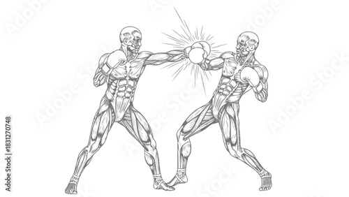 Anatomical illustration of two muscular écorché figures boxing, with one athlete landing a powerful punch on the other.
