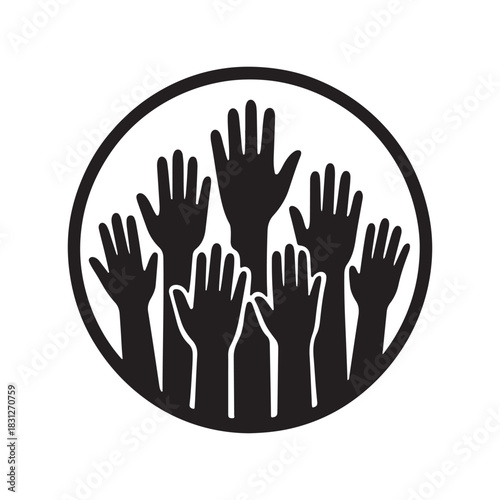 Group of hands raised in solidarity forming a circle representing community support and collaboration vector illustration silhouette