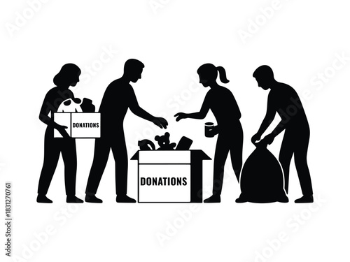 People Volunteering Donations for Charity Drive Helping Those in Need and Community Support with Boxes and Bags silhouette