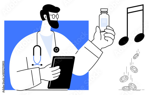 Doctor with stethoscope holding medication and tablet alongside falling coins and musical notes. Ideal for healthcare cost, pharmaceutical research, medical finance, innovation, creativity, music
