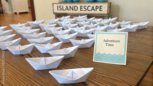 Miniature Paper Boats Aligned in Rows for Island Escape Theme