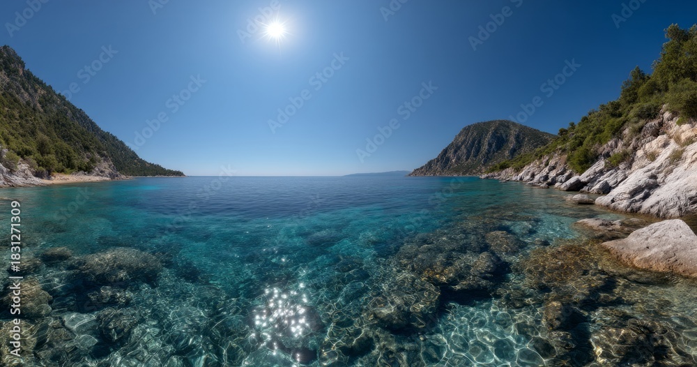 Fototapeta premium Panoramic hdr view of serene coastline clear waters nature landscape