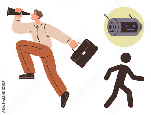 Businessman holding a briefcase and telescope walking toward progress, robot head symbolizing AI, and silhouette of a moving figure. Ideal for technology, growth, leadership, career, ambition