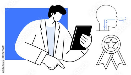 Person in lab coat using tablet, anatomical diagram of breathing, and medal with star. Ideal for health, medical research, diagnostics, analysis, achievement training and education concepts. Simple