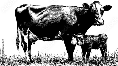 Black and white illustration of a mother cow and her calf standing in a grassy field. Detailed livestock farm animals graphic art.