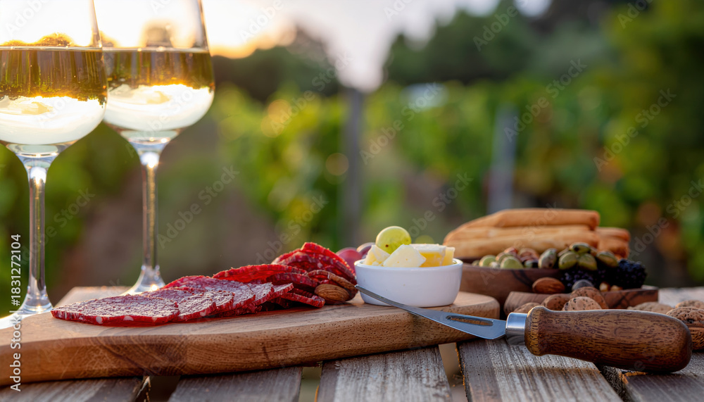 Obraz premium Sunset vineyard picnic with wine glasses, charcuterie slices, cheese cubes, olives and breadsticks creating warm relaxed atmosphere