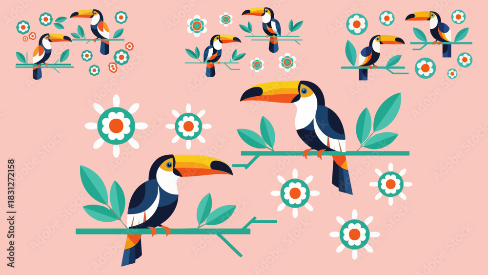 Obraz premium Tropical toucans perched on branches with flowers in a colorful flat design pattern