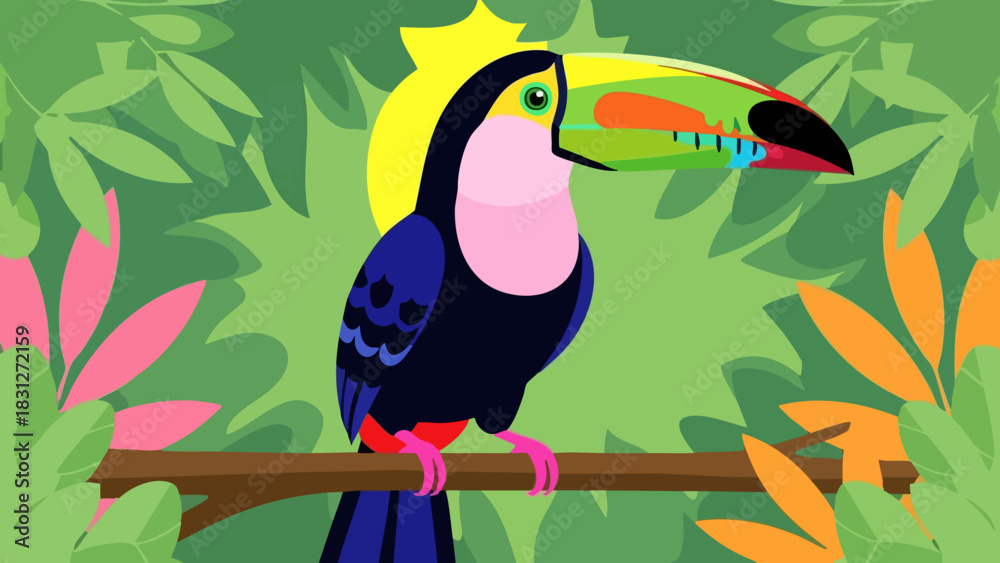Fototapeta premium Colorful toucan perched on a branch in a vibrant tropical jungle illustration