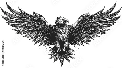 Majestic black and white eagle illustration with spread wings. Hand-drawn soaring bird of prey in a detailed, vintage sketch style.
