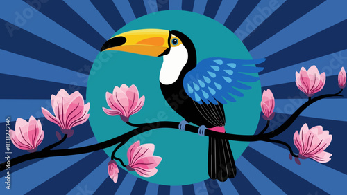 Colorful toucan perched on a flowering branch against a vibrant sunburst background