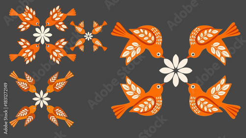 Folk art inspired pattern featuring stylized birds and flowers in a symmetrical design