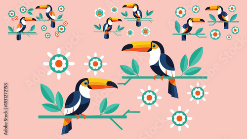 Tropical toucans perched on branches with flowers in a colorful flat design pattern