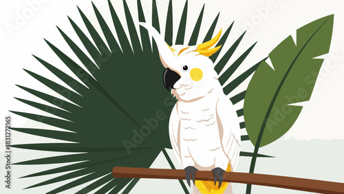 White cockatoo perched on a branch against a backdrop of tropical palm leaves