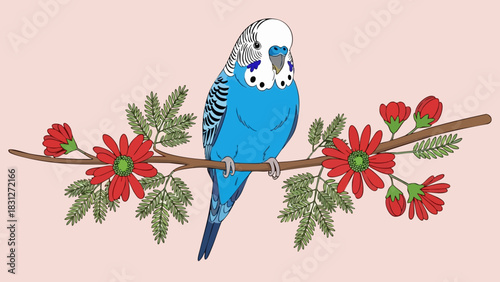 Blue parakeet perched on a branch with red flowers against a light pink background