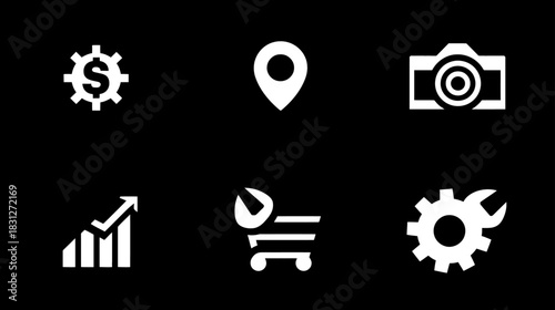 Collection of business and utility icons for web and app design, including finance, location, camera, growth, shopping, and settings
