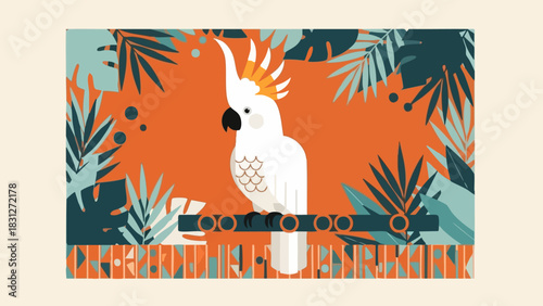 Elegant cockatoo perched on a branch amidst tropical foliage in a vibrant setting