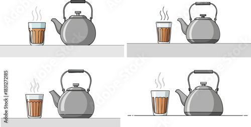 Four illustrations of tea glasses and kettles on shelves against black backgrounds