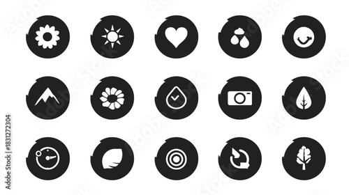 Hand-drawn nature and lifestyle icons collection. Black and white vector symbols for environment, weather, camera, time concepts.