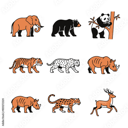 Nine outline icons of endangered wild mammals, featuring elephant, tiger, rhinoceros, panda, and leopard vector set.