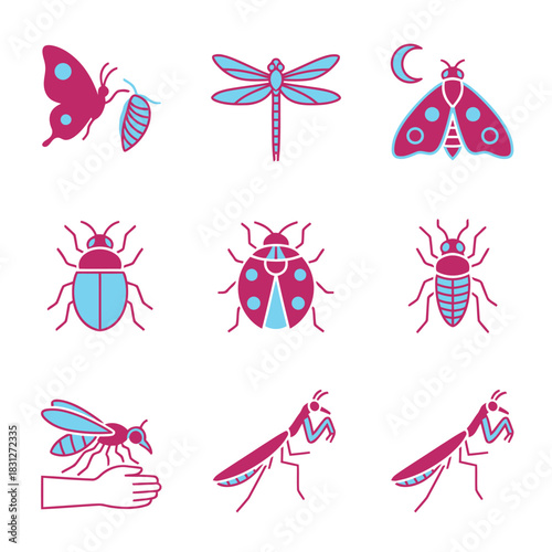 Brightly colored pink and blue insect icons set, including butterfly, praying mantis, and mosquito vector illustrations.
